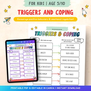 Könnte beinhalten: Ein digitales Arbeitsblatt mit dem Titel "TRIGGERS AND COPING" für Kinder im Alter von 5-10 Jahren. Das farbenfrohe Design zeigt ein Tablet mit dem Arbeitsblatt, das Auslöser und Bewältigungsstrategien auflistet. Der Text fördert positives Verhalten und emotionale Regulierung.