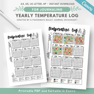 Può includere: Modello di registro della temperatura annuale stampabile per bullet journaling. Il modello presenta 12 calendari mensili con caselle per registrare le temperature giornaliere. Il modello è progettato con uno schema di colori bianco e nero e include una scala del termometro.