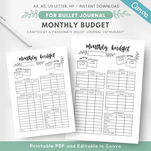 Op de afbeelding: Printbare maandelijkse budgettracker voor bullet journaling. De printable heeft secties voor inkomsten, uitgaven, besparingen en schulden. Het bevat ook een samenvattingssectie om totalen bij te houden.