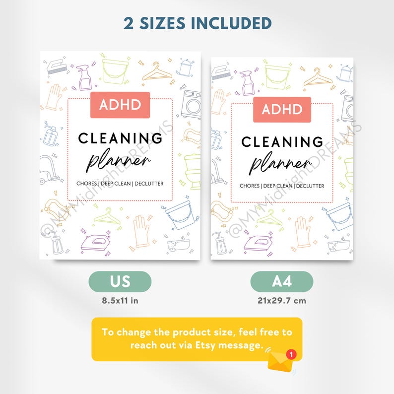 May include: Two white ADHD cleaning planners with the text "Cleaning Planner" and "Chores | Deep Clean | Declutter". The planners are surrounded by colorful cleaning-themed illustrations. One planner is 8.5x11 inches, the other is 21x29.7 cm.