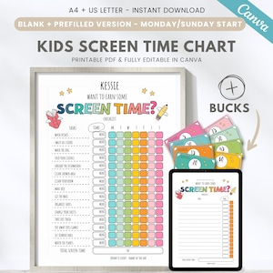 Grafico modificabile del tempo sullo schermo con ricompensa in dollari, grafico dei compiti per i bambini, denaro finto, lista di controllo del tempo sullo schermo, gettoni TV, soldi per la mamma, modello Canva