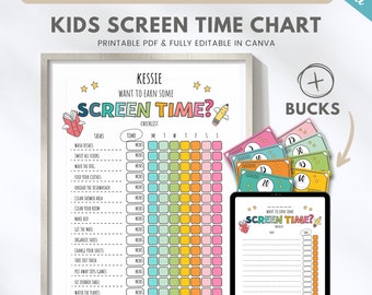Editable screen time chart with reward bucks, kids chore chart, pretend money, screen time checklist, tv tokens, mom bucks, Canva template