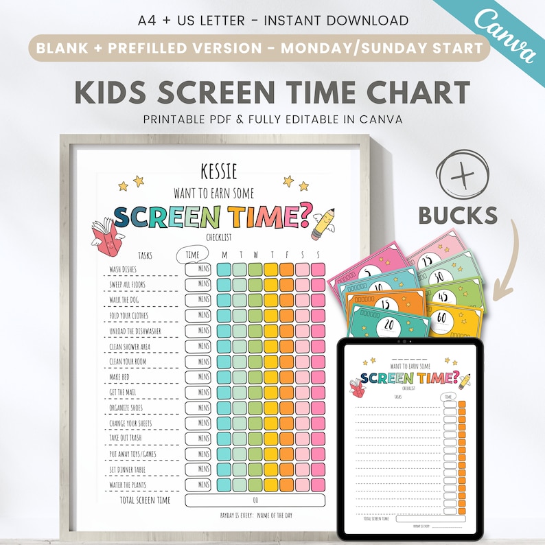 Editable screen time chart with reward bucks, kids chore chart, pretend money, screen time checklist, tv tokens, mom bucks, Canva template