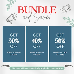 K&ouml;nnte beinhalten: Werbegrafik mit dem Text "BUNDLE and Save!". Drei blaue Rechtecke bieten Rabatte an: 30% Rabatt beim Kauf von 3 Artikeln, 40% Rabatt f&uuml;r 5 Artikel und 50% Rabatt f&uuml;r 10 Artikel. Illustrationen von Megaphonen und dekorative Elemente sind enthalten.