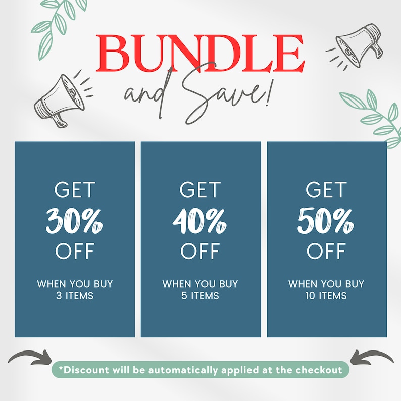 K&ouml;nnte beinhalten: Werbegrafik mit dem Text "BUNDLE and Save!". Drei blaue Rechtecke bieten Rabatte an: 30% Rabatt beim Kauf von 3 Artikeln, 40% Rabatt f&uuml;r 5 Artikel und 50% Rabatt f&uuml;r 10 Artikel. Illustrationen von Megaphonen und dekorative Elemente sind enthalten.