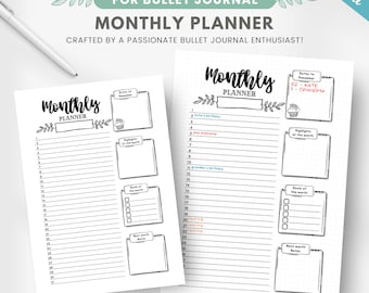 May include: A printable monthly planner template for bullet journals featuring black and white layouts with numbered lines for dates, sections for dates to remember, highlights, goals, and notes. Text includes Monthly Planner.