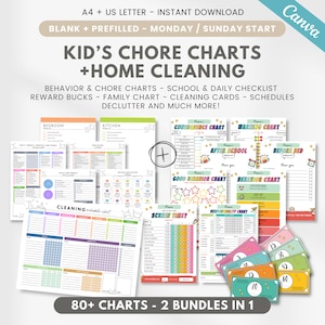 Editable kids chore chart & ADHD cleaning bundle, household cleaning planner, behavior chart, daily weekly checklist, command center, Canva