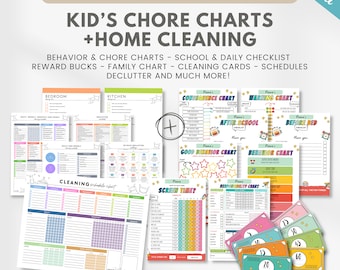 Editable kids chore chart & ADHD cleaning bundle, household cleaning planner, behavior chart, daily weekly checklist, command center, Canva