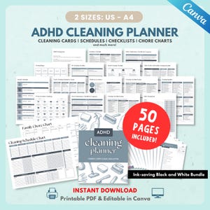 Planificador de limpieza para personas con TDAH, programa de limpieza del hogar, cuadro de tareas familiares, tarjetas de limpieza (PDF imprimible y editable en Canva)