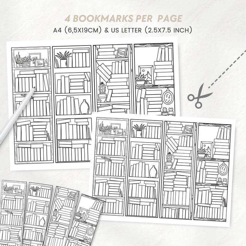 May include: Printable bookmark template with four bookmarks per page. The template features a bookshelf with multiple shelves and books. The template is designed for A4 (6.5x19 cm) and US Letter (2.5x7.5 inch) paper sizes.