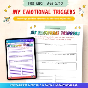 Könnte beinhalten: Ein digitales Tablet und ein ausgedrucktes Arbeitsblatt mit dem Titel "Meine emotionalen Auslöser" für Kinder im Alter von 5-10 Jahren. Das Arbeitsblatt fördert positives Verhalten und emotionale Regulierung. Das Tablet zeigt dasselbe Arbeitsblatt.