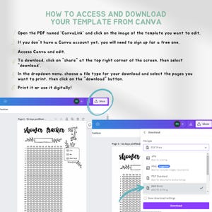 May include: A screenshot of a Canva design template showing a shower tracker with a floral design. The template is titled "shower tracker" and has a grid of 31 days. The image shows the download options for the template, including PDF Print, JPG, PNG, PDF Standard, and PDF Print. The download button is highlighted.