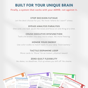 K&ouml;nnte beinhalten: Wei&szlig;er Hintergrund mit Text, der &bdquo;BUILT FOR YOUR UNIQUE BRAIN&ldquo; und &bdquo;Finally, a system that works with your ADHD, not against it&ldquo; lautet. Darunter befinden sich Beschreibungen der Funktionen des Systems. Unten befinden sich mehrere farbige Karten.