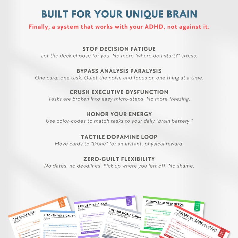 K&ouml;nnte beinhalten: Wei&szlig;er Hintergrund mit Text, der &bdquo;BUILT FOR YOUR UNIQUE BRAIN&ldquo; und &bdquo;Finally, a system that works with your ADHD, not against it&ldquo; lautet. Darunter befinden sich Beschreibungen der Funktionen des Systems. Unten befinden sich mehrere farbige Karten.