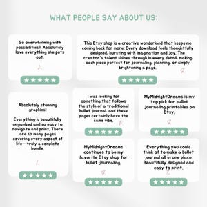 May include: A collection of customer reviews titled WHAT PEOPLE SAY ABOUT US, featuring seven white rectangular text boxes with five-star ratings. Each box contains positive feedback about digital printables, journaling, and shop quality.