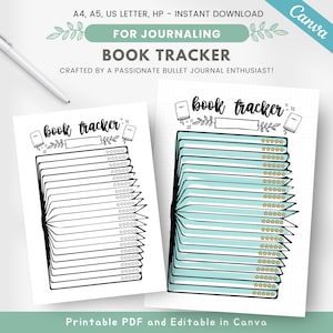 May include: Printable book tracker with a blue and white color scheme. The tracker has a book illustration with a blank space for the book title and a section for rating the book. The text "book tracker" is written in black.