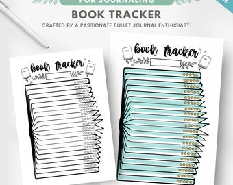 May include: Printable book tracker with a blue and white color scheme. The tracker has a book illustration with a blank space for the book title and a section for rating the book. The text "book tracker" is written in black.