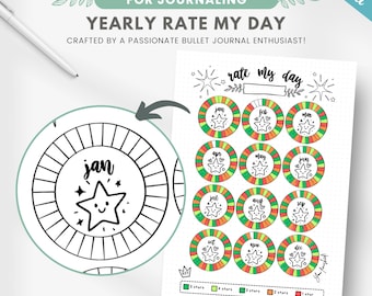 Rate my day tracker, printable journal page, journal yearly tracker, mood tracker planner insert, daily rating, editable journal template