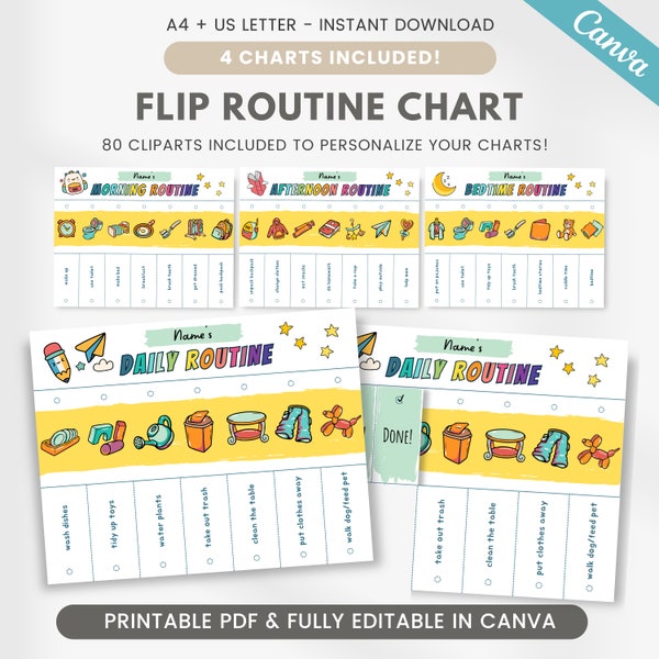 Editable flip routine chart for kids, toddlers routine chart, printable daily routine, printable chore chart, Canva template