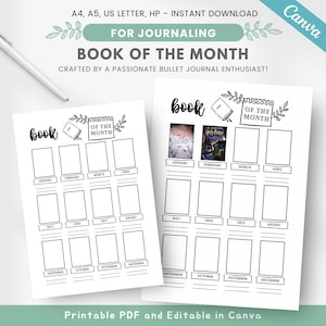 May include: Printable book of the month tracker for bullet journaling. The tracker has a black and white design with a book icon and the text "Book of the Month". The tracker is divided into 12 months, with a space for each month to write the name of the book read.