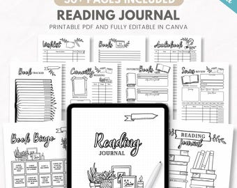 Reading journal bundle, printable reading planner insert, book trackers, book challenge, editable journal template