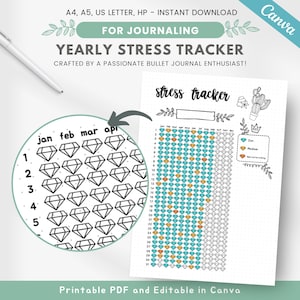 Könnte beinhalten: Druckbarer Jahres-Stress-Tracker zum Journaling. Der Tracker ist ein Raster mit Diamanten für jeden Tag des Jahres. Die Diamanten sind farbcodiert, um Stresslevel anzuzeigen: niedrig, mittel und hoch. Der Tracker soll Ihnen helfen, Ihre Stresslevel über das ganze Jahr hinweg zu verfolgen.