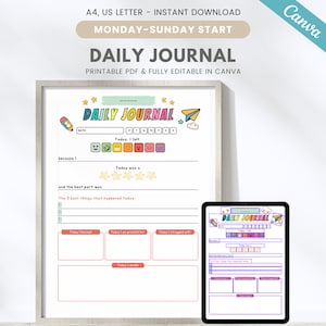 Afdrukbaar dagelijks dagboek voor kinderen, dagelijkse dankbaarheid voor kinderen, bewerkbaar dagboek voor kinderen, tekenpagina met activiteiten voor kinderen, dagelijkse beoordeling voor kinderen, Canva-sjabloon