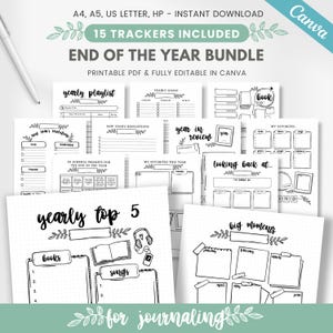 Puede incluir: Un paquete imprimible de fin de año para llevar un diario. El paquete incluye 15 rastreadores, como una lista de reproducción anual, objetivos anuales, resoluciones de Año Nuevo, un resumen del año y grandes momentos. Los rastreadores son en blanco y negro y tienen un diseño minimalista.