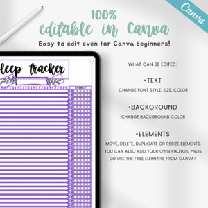 May include: A purple and white digital planner template for tracking sleep and energy levels. The template is editable in Canva and includes a grid with numbers 10 to 15, a section for energy levels, and the text "sleep tracker".