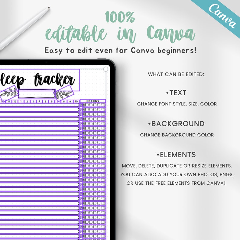 May include: A purple and white digital planner template for tracking sleep and energy levels. The template is editable in Canva and includes a grid with numbers 10 to 15, a section for energy levels, and the text "sleep tracker".