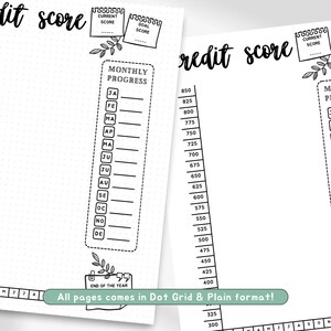 May include: A black and white printable credit score tracker sheet featuring a monthly progress column with abbreviations for months, a current score box, a goal score box, and a vertical scale ranging from 300 to 850 for tracking financial data.