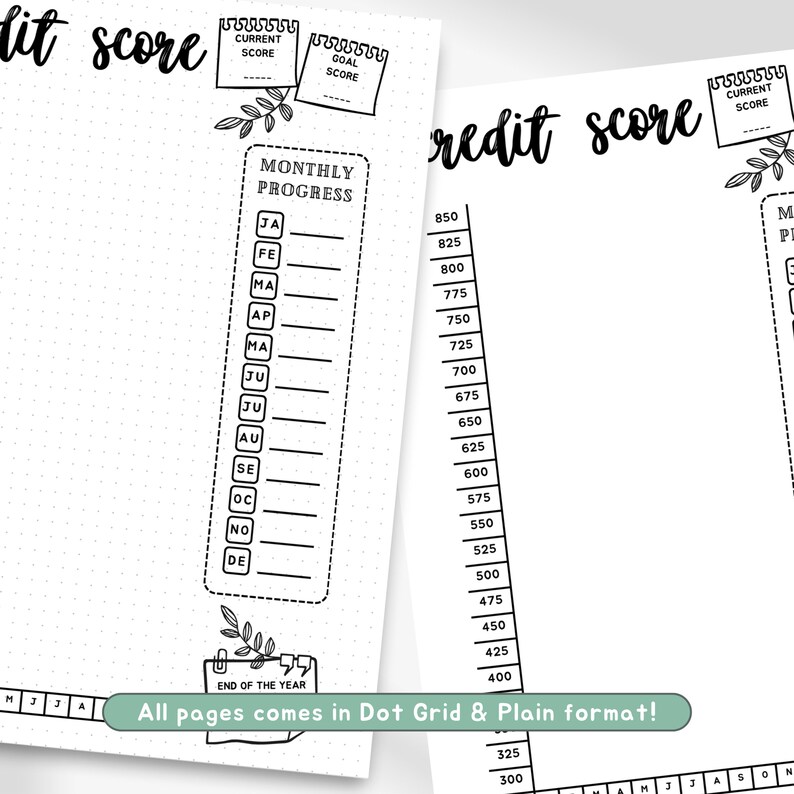 May include: A black and white printable credit score tracker sheet featuring a monthly progress column with abbreviations for months, a current score box, a goal score box, and a vertical scale ranging from 300 to 850 for tracking financial data.