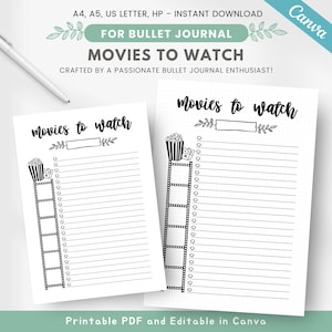 Printable movies watchlist, movies to watch bullet journal page, movies list, movie log, movie tracker, editable journal template