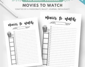 Printable movies watchlist, movies to watch bullet journal page, movies list, movie log, movie tracker, editable journal template