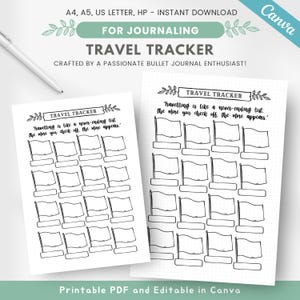 Peut inclure: Un tracker de voyage imprimable avec un design noir et blanc. Le tracker comporte une citation : "Voyager est comme une liste sans fin. Plus vous cochez, plus il en apparaît."