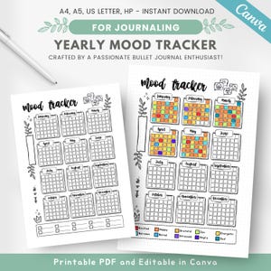 Yearly mood tracker, printable mood in pixel, emotions tracker, mood journal page, mental wellness planner insert, editable journal template