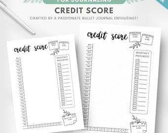 May include: Two printable credit score tracker sheets for bullet journaling. Each page features a vertical credit score scale from 300 to 850, a monthly progress section with boxes for months, and dedicated spaces for current, goal, and end of year scores.