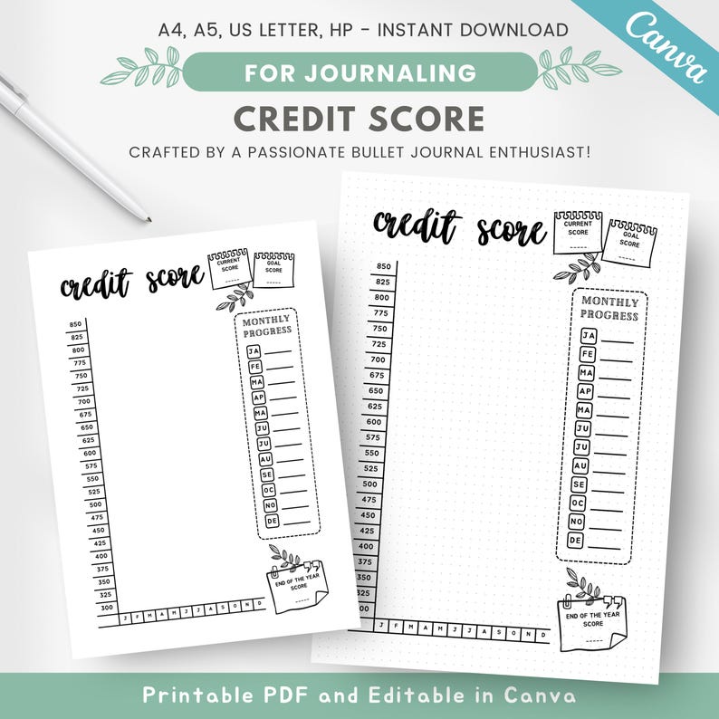 May include: Two printable credit score tracker sheets for bullet journaling. Each page features a vertical credit score scale from 300 to 850, a monthly progress section with boxes for months, and dedicated spaces for current, goal, and end of year scores.