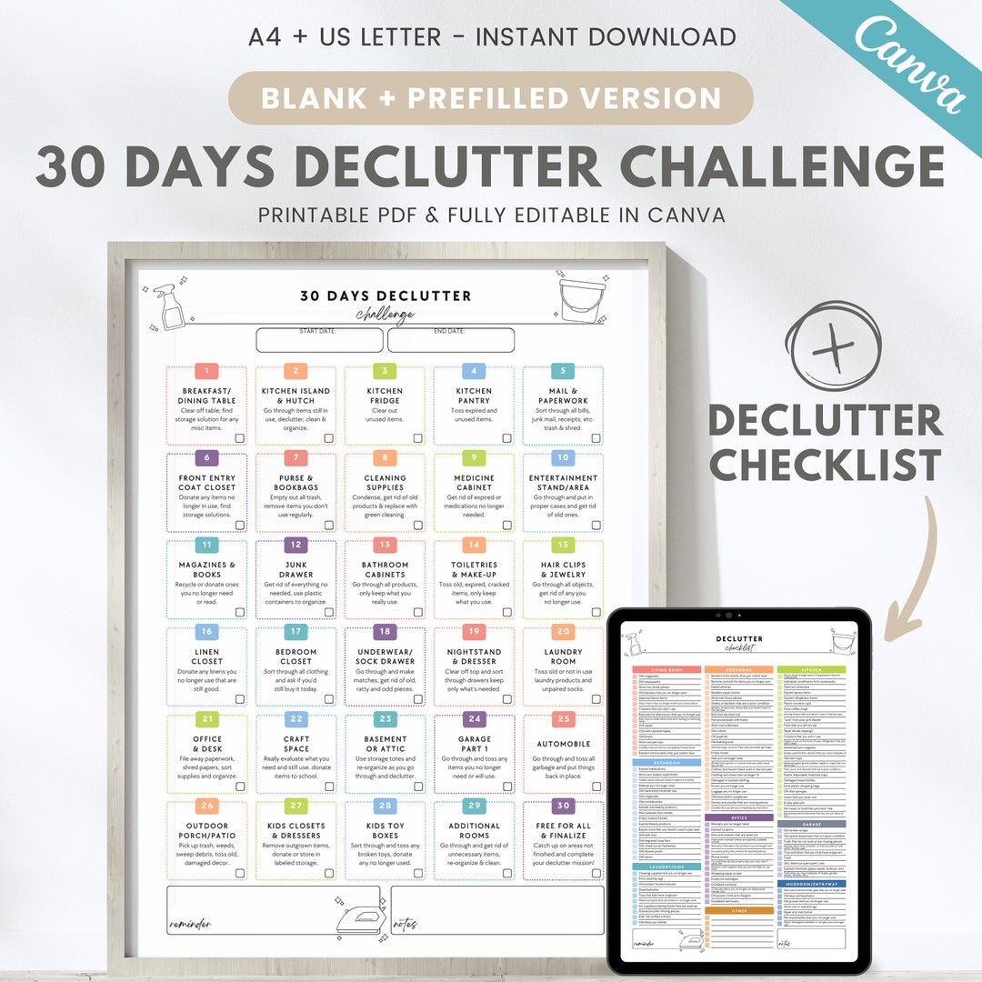 Editable Declutter Checklist, 30 Days Declutter Challenge, Printable ...