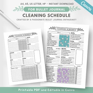 Bewerkbare journaalpagina schoonmaakschema, schoonmaakchecklist met bijlage, bijsluiter schoonmaakplanner, dagelijks wekelijks maandelijks jaarlijkse schoonmaaktaken