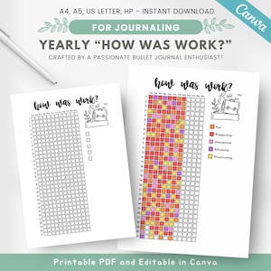 May include: Printable yearly planner with a grid for tracking work days. The grid is divided into 31 days and 12 months. The planner is titled "How Was Work?" and includes a key with five colors: fun, productive, uneventful, stressful, and frustrating.