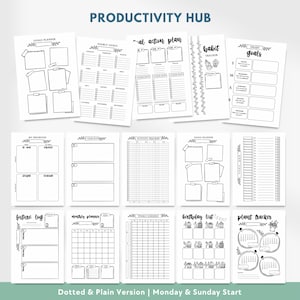 May include: A collection of black and white printable planner pages titled Productivity Hub. The set includes templates for goal planning, yearly goals, habit tracking, smart goals, priorities, activity tracking, future logs, monthly planners, and birthday lists.