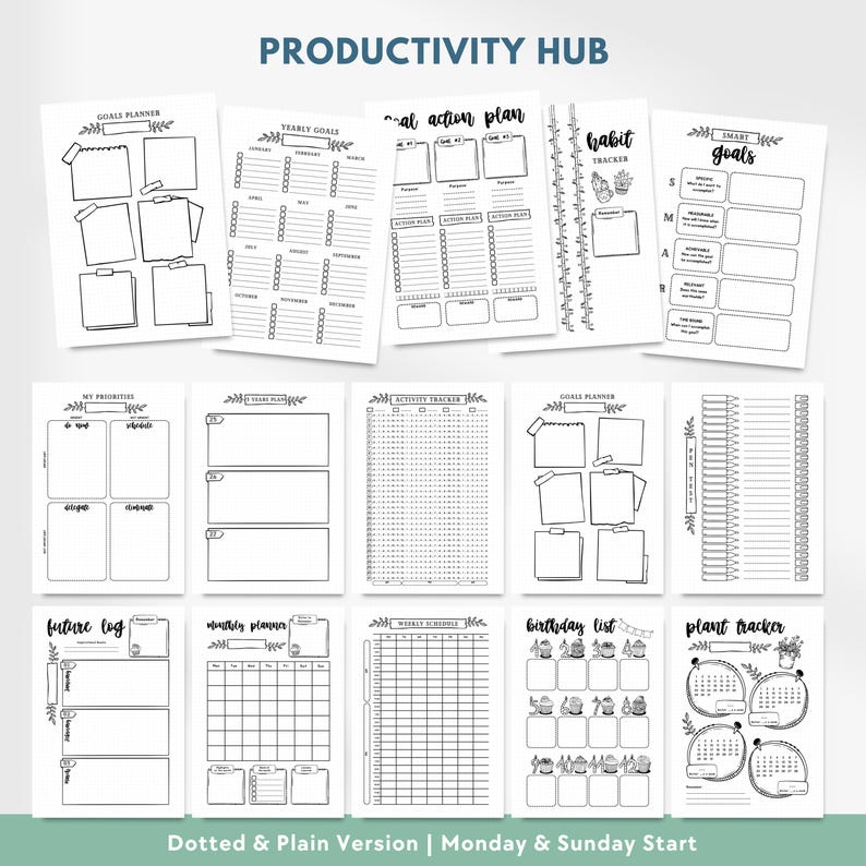 May include: A collection of black and white printable planner pages titled Productivity Hub. The set includes templates for goal planning, yearly goals, habit tracking, smart goals, priorities, activity tracking, future logs, monthly planners, and birthday lists.