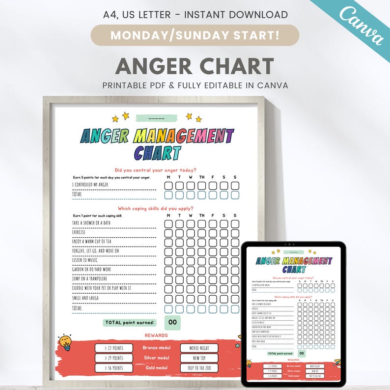 May include: A printable anger management chart with a colorful rainbow design. The chart includes a section for tracking daily anger control and a section for tracking coping skills used. The chart also includes a reward system with bronze, silver, and gold medals for achieving different point totals.