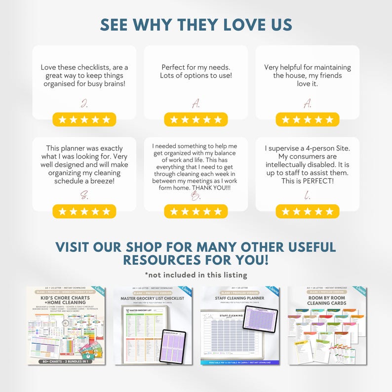 K&ouml;nnte beinhalten: Das Bild zeigt Kundenbewertungen mit Sternebewertungen und dem Text "SEE WHY THEY LOVE US." Darunter befinden sich Bilder von druckbaren Planern und Tabellen zur Organisation des Haushalts, darunter Aufgabenlisten, Einkaufslisten und Reinigungskarten.