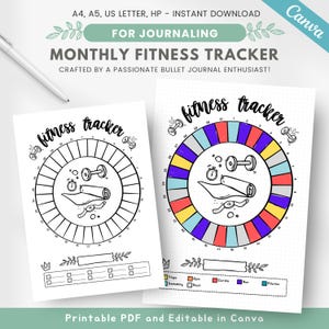 May include: Printable monthly fitness tracker with a colorful circle chart for tracking workouts. The chart includes icons for yoga, swimming, gym, rest, cardio, run, and pilates. The tracker also includes a section for notes.