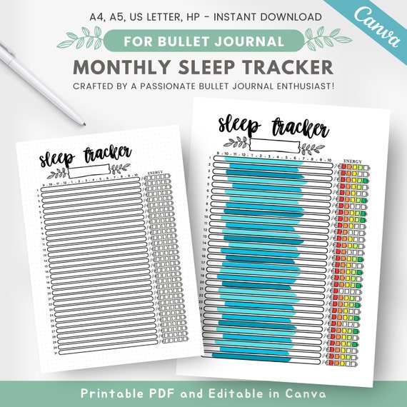 Printable monthly sleep tracker, editable sleep journal, premade bullet journal page, energy tracker, sleep log, bujo template