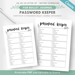 Puede incluir: Dos páginas imprimibles de administrador de contraseñas con un diseño minimalista. Cada página presenta secciones para sitio web/red social, correo electrónico, nombre de usuario y contraseña. El texto "password keeper" está en la parte superior, con elementos florales decorativos.
