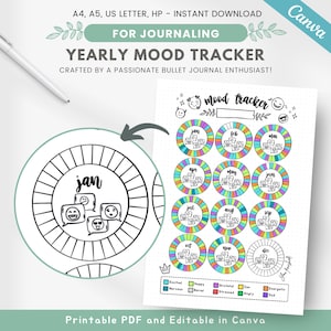 Peut inclure: Un planificateur d'humeur imprimable en noir et blanc pour la tenue d'un journal. Le planificateur présente un cercle pour chaque mois de l'année avec différents emojis représentant les humeurs. Le texte "mood tracker" est écrit en haut de la page. Le texte "Yearly Mood Tracker" est écrit en haut de la page. Le texte "Crafted by a passionate bullet journal enthusiast!" est écrit sous le titre. Le texte "Printable PDF and Editable in Canva" est écrit en bas de la page.