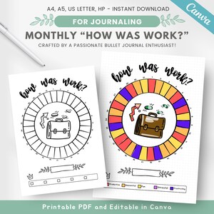 May include: Printable monthly "How Was Work?" bullet journal tracker with a colorful wheel divided into sections labeled "Productive", "Unmotivated", "Fun", "Stressful", and "Frustrating". The wheel is surrounded by a circle with numbers 1-30. A briefcase with coins is in the center of the wheel.
